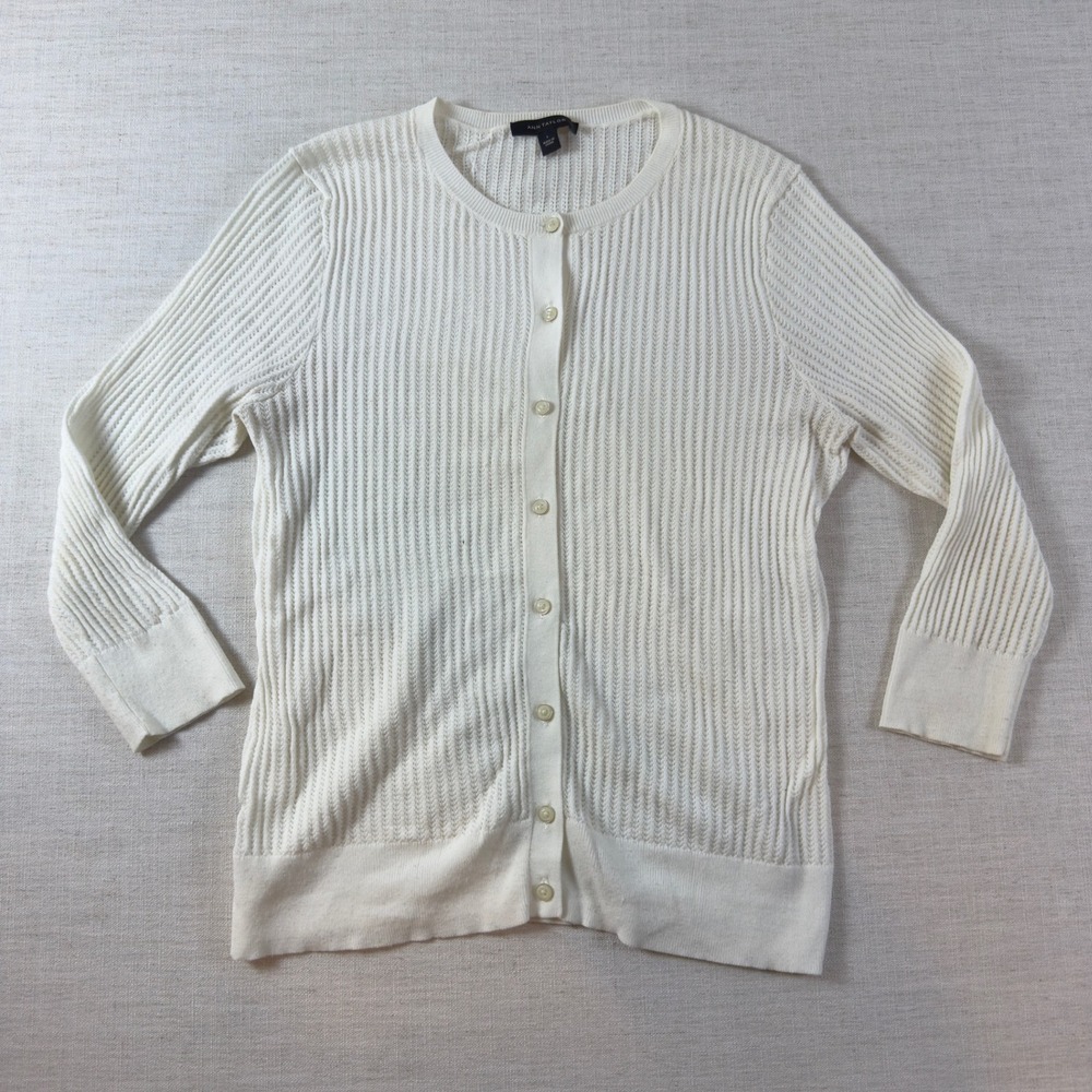 Ann Taylor Cream Pointelle Rib Knit Button Front Cardigan Sweater Large
